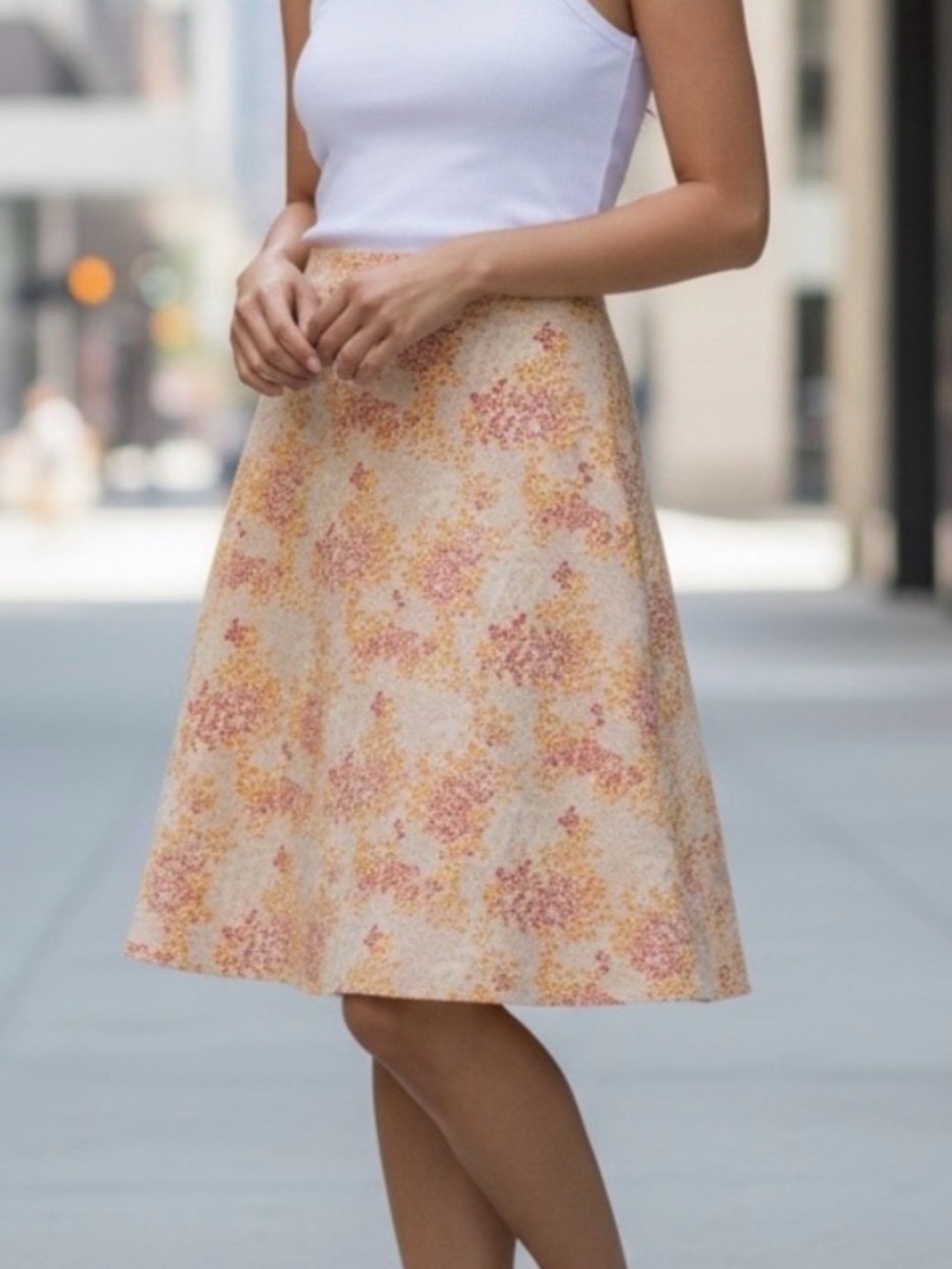 Vintage Y2K Pink Orange Floral A-Line Midi Skirt Cottagecore Size 8